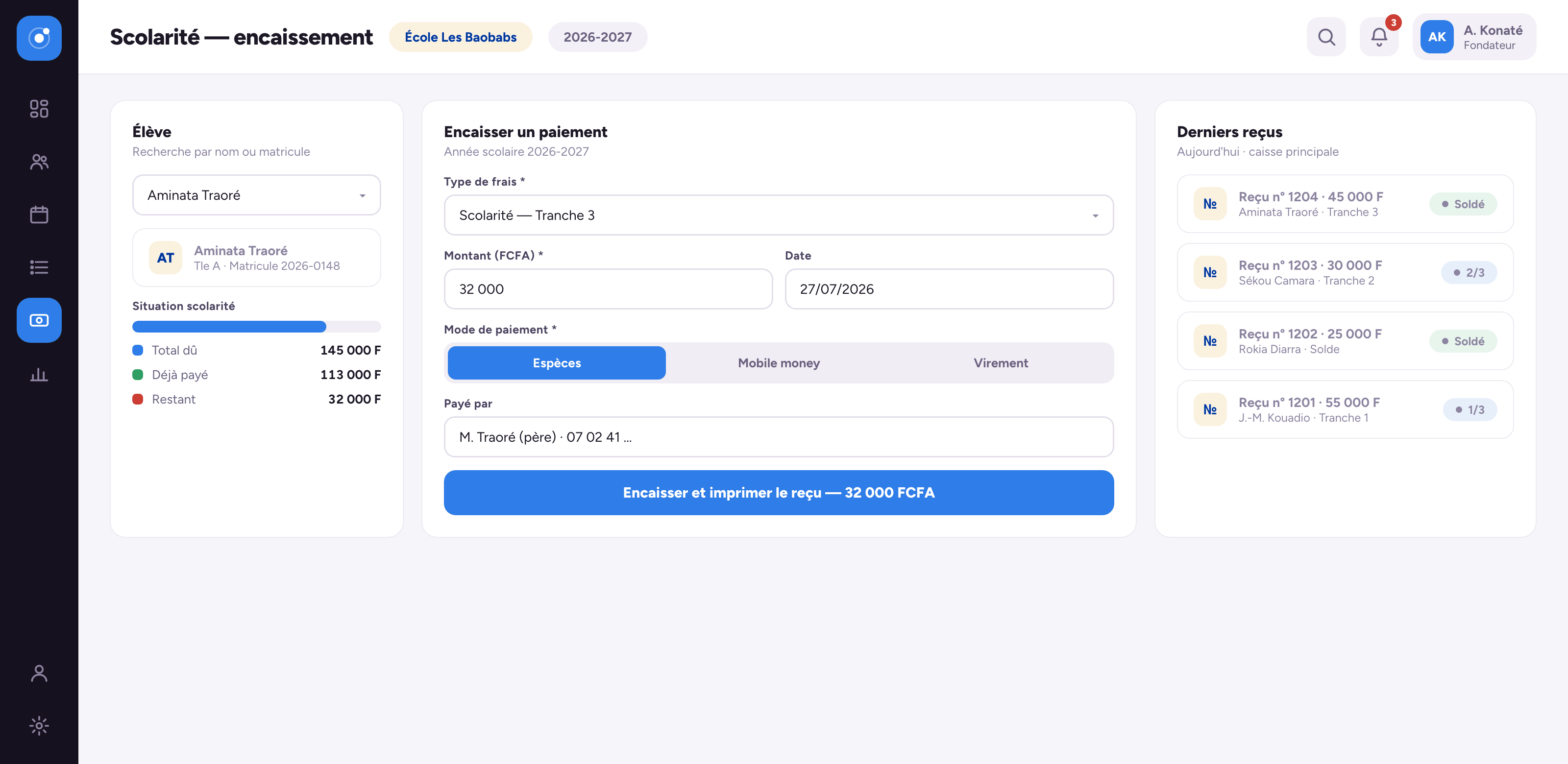 Écran métier gestoapp Éducation : Encaisser une scolarité prend trente secondes (données de démonstration)