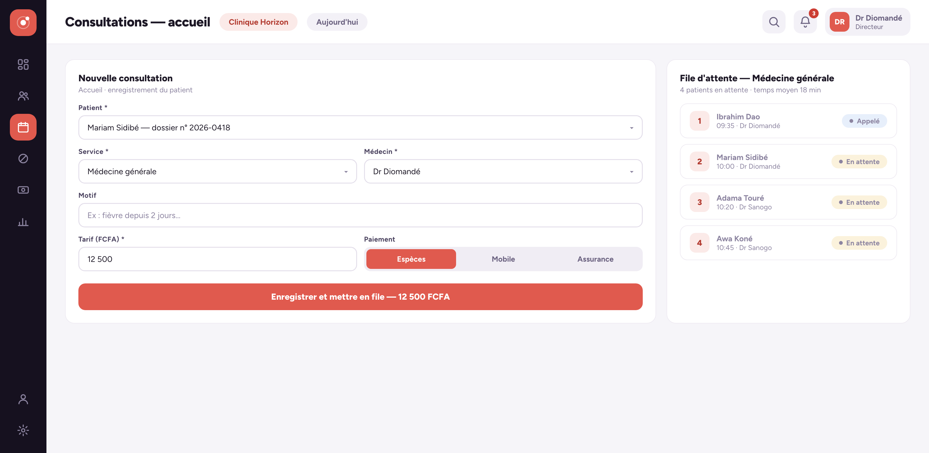 Écran métier gestoapp Santé : L'accueil enregistre, la file s'organise (données de démonstration)